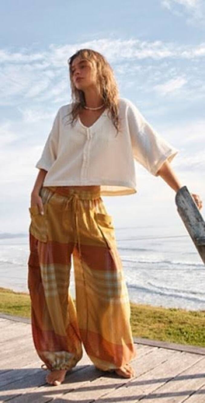 L Free People Crafted Cargo Pants Plaid Flowey Wide Leg Drawstring Cargo Mustard